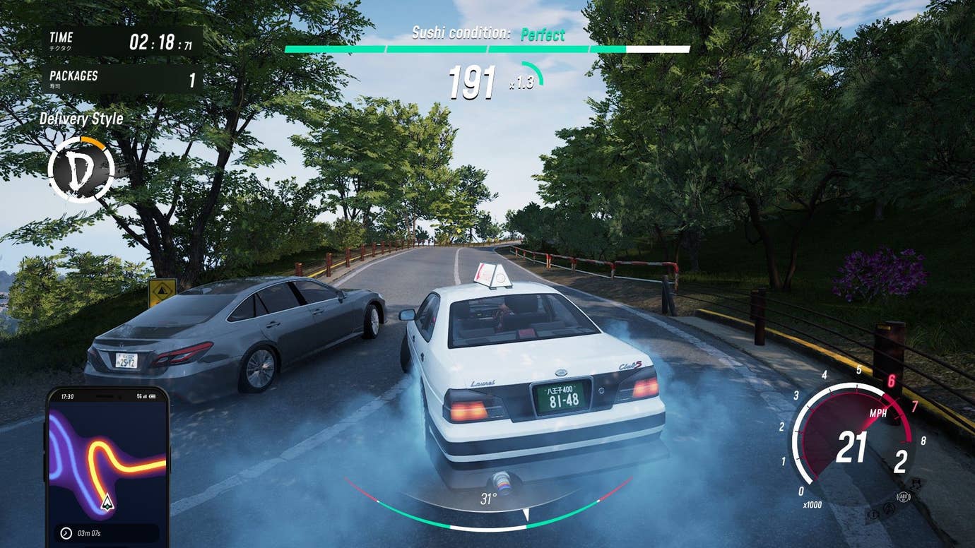 The player skids a sushi delivery car around traffic on a rural road.